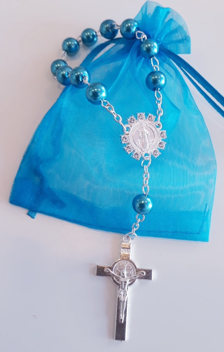 Rosenkranz im Organzasäckchen Blaue Perlen/Türkises Säckchen