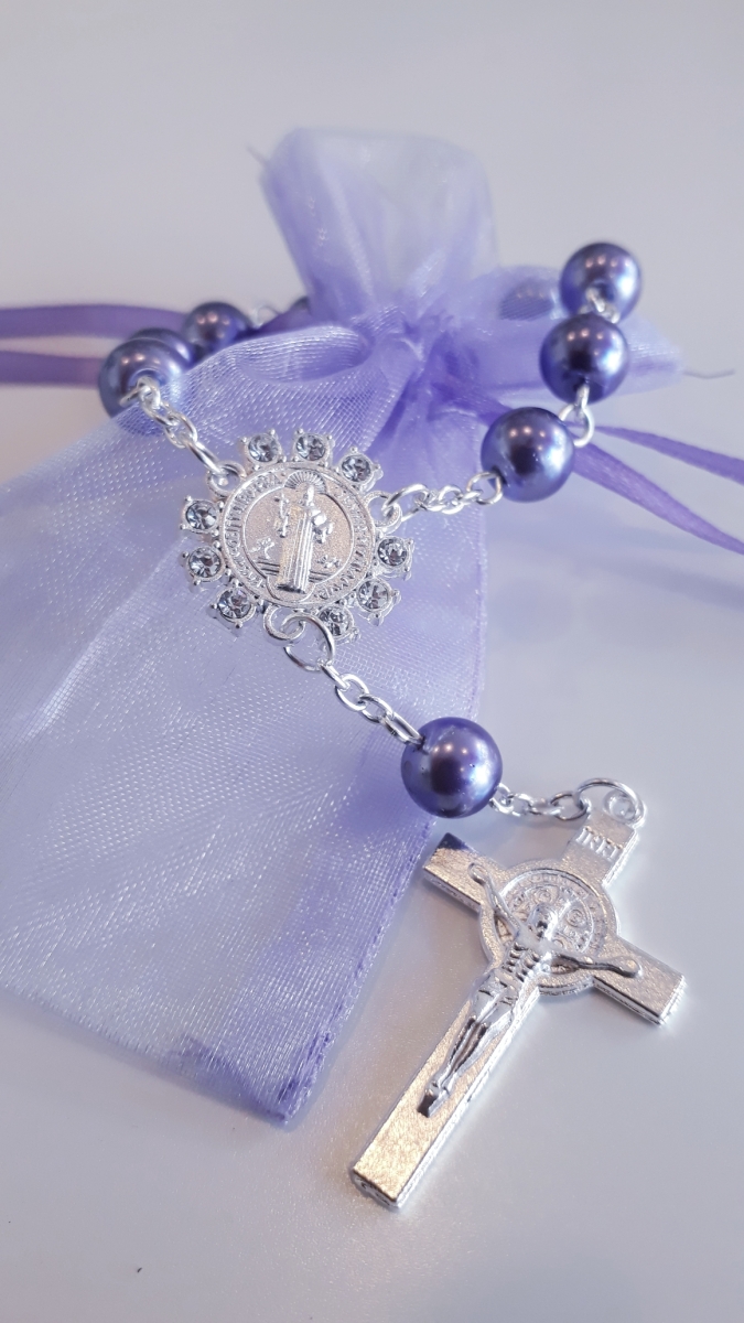 Rosenkranz im Organzasäckchen Lila Perlen/lila Säckchen